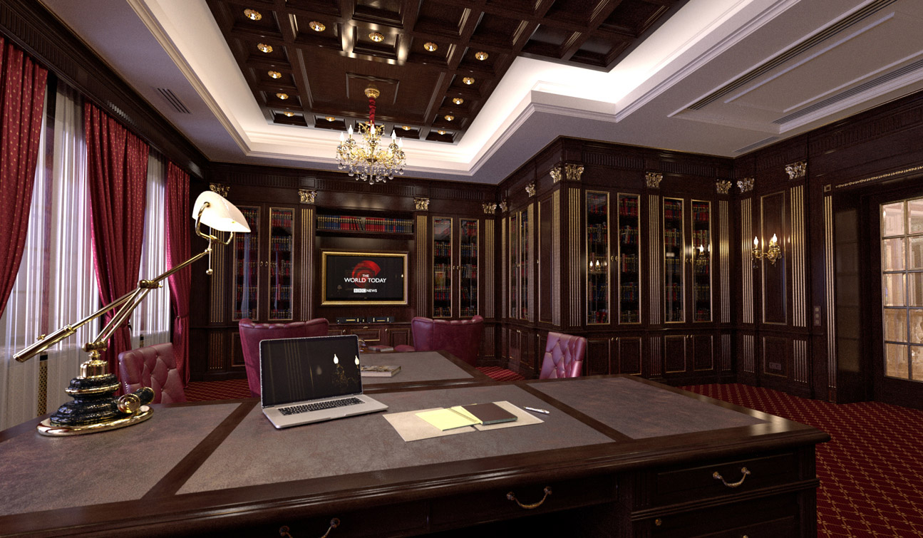 Study Room with Home Library interior in classic style 04